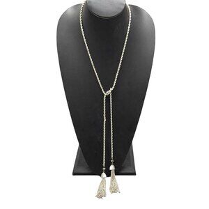 Twist Rope Chain Tassel Lariat Necklace Silver Tone Chic Elegant Minimalist